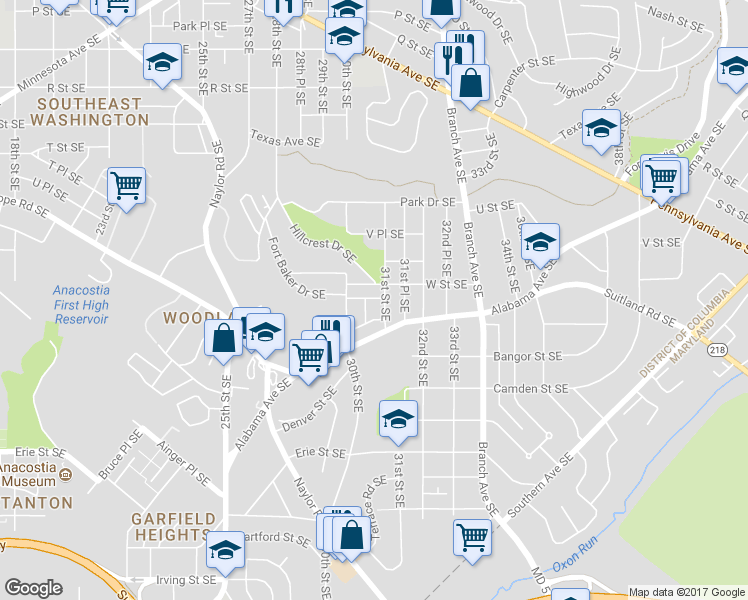 map of restaurants, bars, coffee shops, grocery stores, and more near 2211 31st Street Southeast in Washington