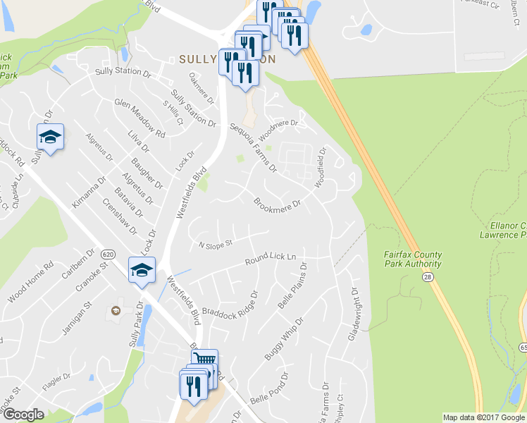 map of restaurants, bars, coffee shops, grocery stores, and more near 14339 Brookmere Drive in Centreville