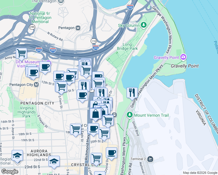 map of restaurants, bars, coffee shops, grocery stores, and more near 200 12th Street South in Arlington