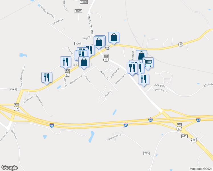 map of restaurants, bars, coffee shops, grocery stores, and more near 8603 Ashby Court in Marshall