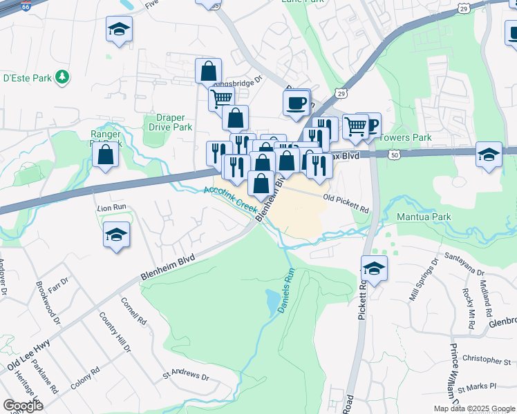 map of restaurants, bars, coffee shops, grocery stores, and more near 3260 Old Lee Highway in Fairfax