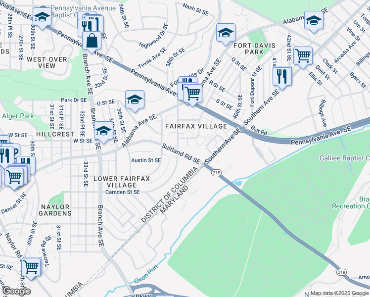 map of restaurants, bars, coffee shops, grocery stores, and more near 3802 Suitland Road Southeast in Washington