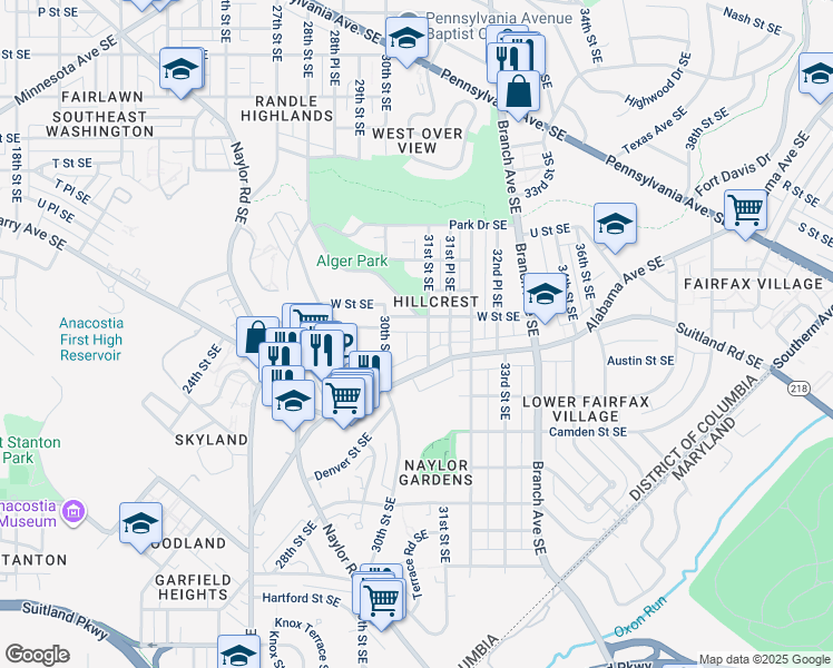 map of restaurants, bars, coffee shops, grocery stores, and more near 2211 31st Street Southeast in Washington