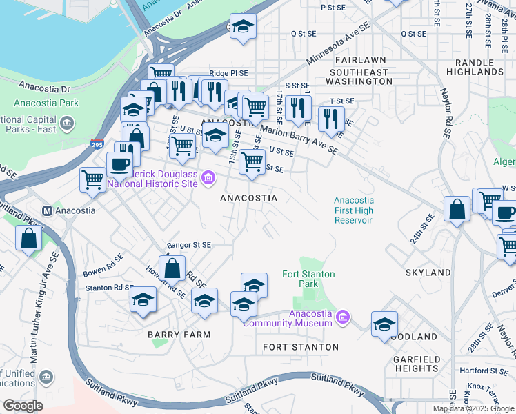 map of restaurants, bars, coffee shops, grocery stores, and more near 2309 Green Street Southeast in Washington