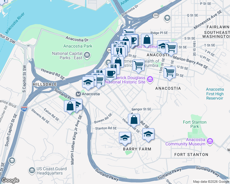 map of restaurants, bars, coffee shops, grocery stores, and more near 1302 Morris Road Southeast in Washington