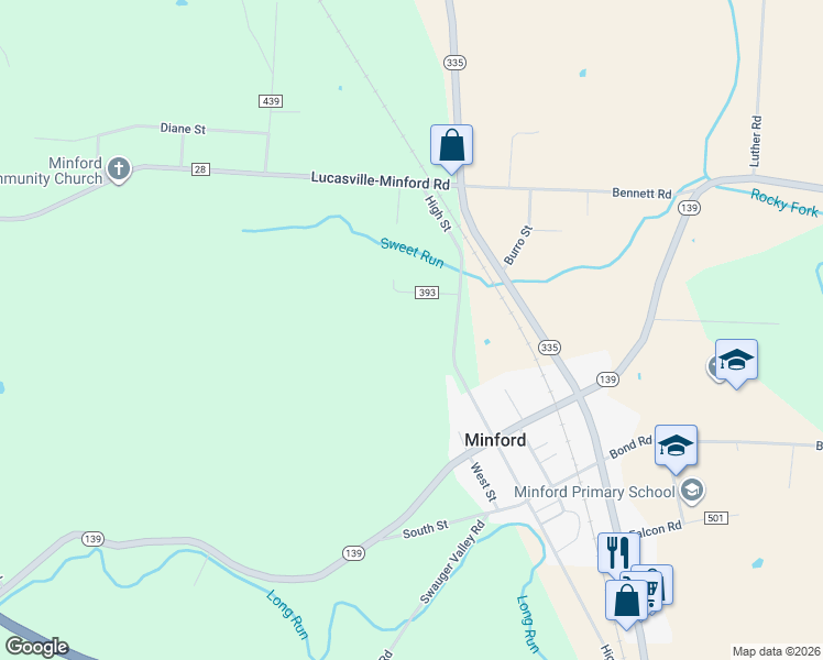 map of restaurants, bars, coffee shops, grocery stores, and more near 835 High Street in Minford