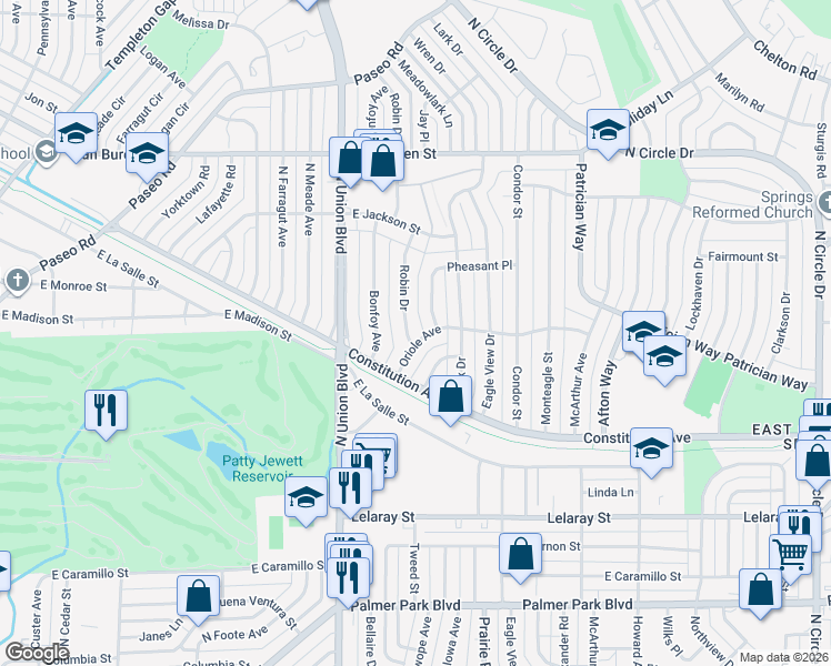 map of restaurants, bars, coffee shops, grocery stores, and more near 2120 Robin Drive in Colorado Springs
