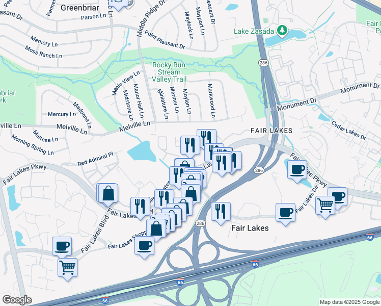 map of restaurants, bars, coffee shops, grocery stores, and more near 12873 Fair Briar Lane in Fairfax