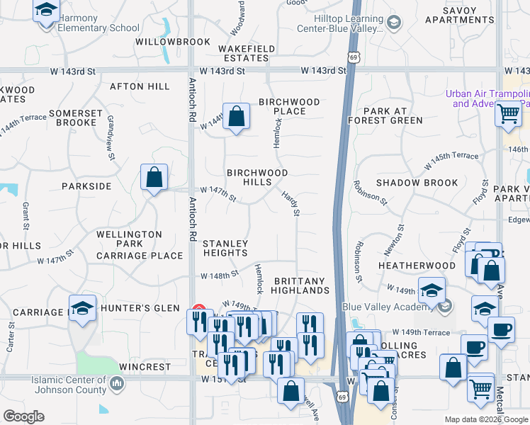 map of restaurants, bars, coffee shops, grocery stores, and more near 8209 West 146th Terrace in Overland Park