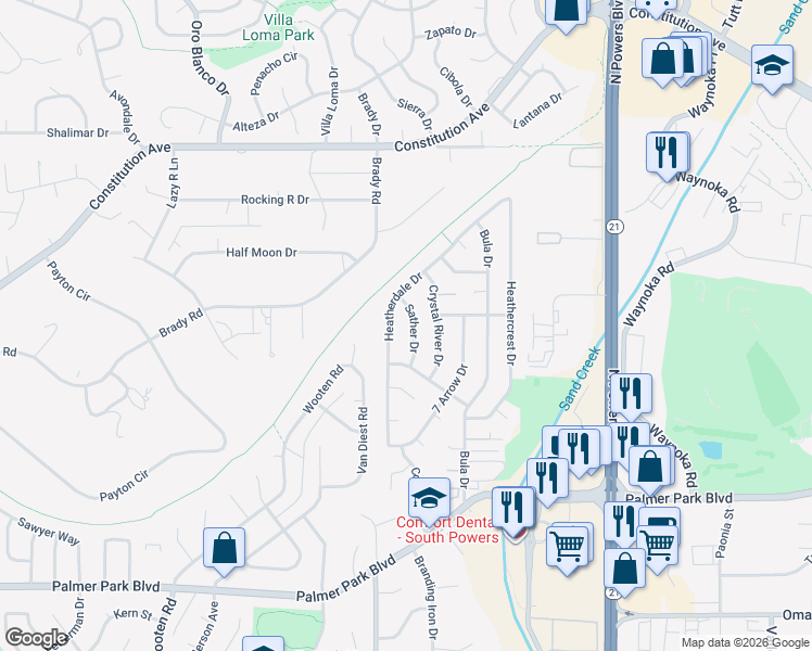 map of restaurants, bars, coffee shops, grocery stores, and more near 2080 Sather Drive in Colorado Springs