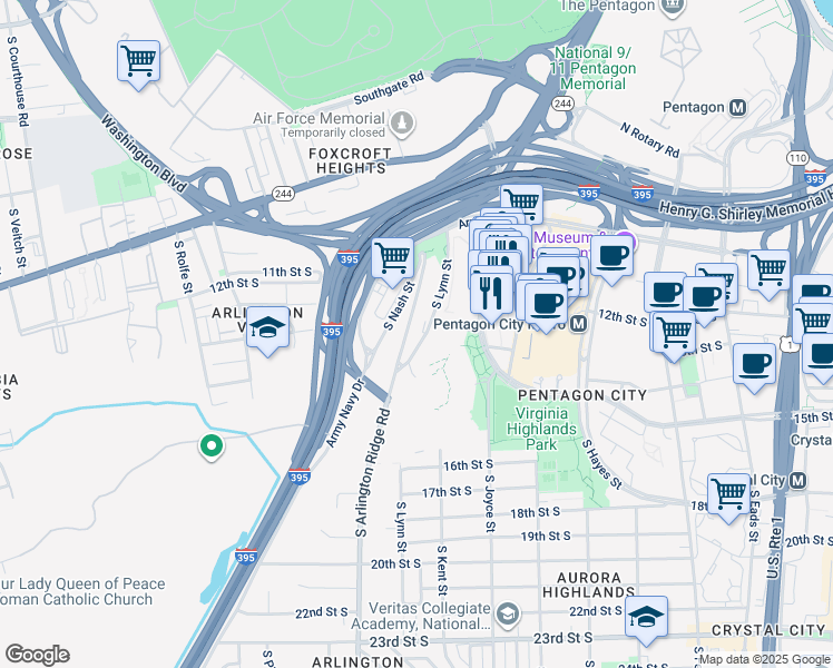 map of restaurants, bars, coffee shops, grocery stores, and more near 1301 South Arlington Ridge Road in Arlington