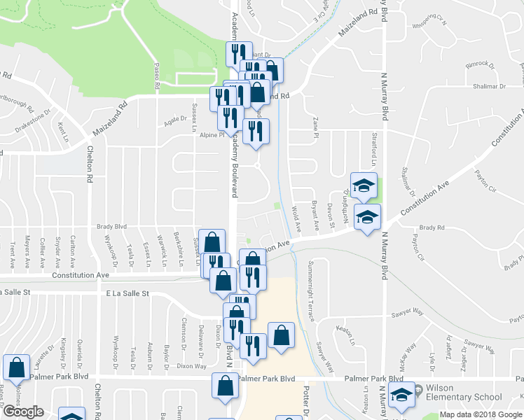 map of restaurants, bars, coffee shops, grocery stores, and more near 2045 Academy Boulevard North in Colorado Springs