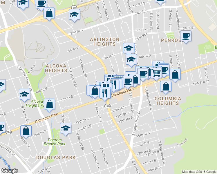 map of restaurants, bars, coffee shops, grocery stores, and more near 903 South Glebe Road in Arlington