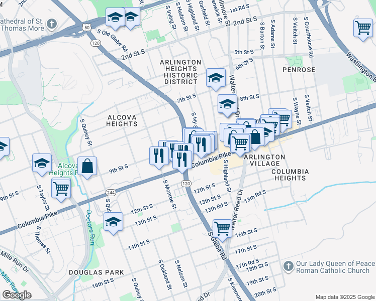 map of restaurants, bars, coffee shops, grocery stores, and more near 903 South Glebe Road in Arlington
