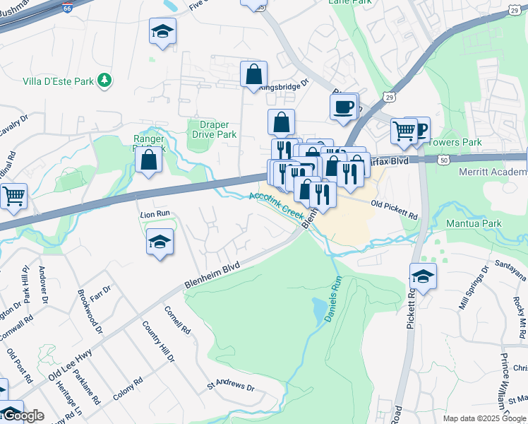map of restaurants, bars, coffee shops, grocery stores, and more near 9626 Ridge Avenue in Fairfax