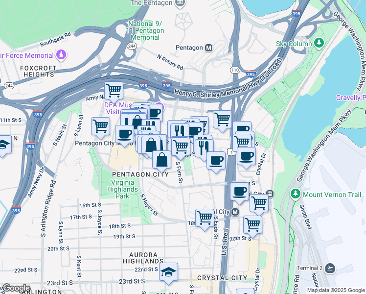 map of restaurants, bars, coffee shops, grocery stores, and more near 575 12th Road South in Arlington
