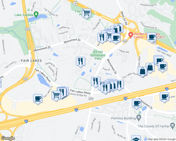 map of restaurants, bars, coffee shops, grocery stores, and more near 4224 Wheeled Caisson Square in Fairfax