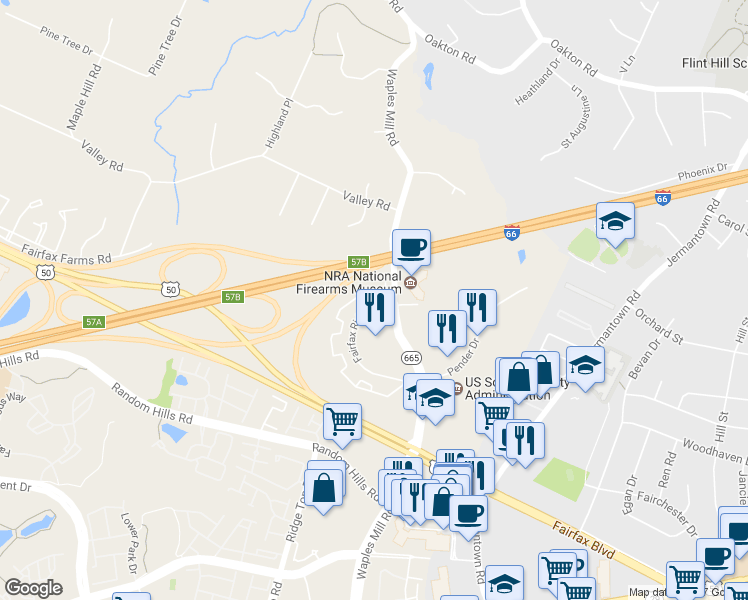 map of restaurants, bars, coffee shops, grocery stores, and more near 3851 Aristotle Court in Fairfax