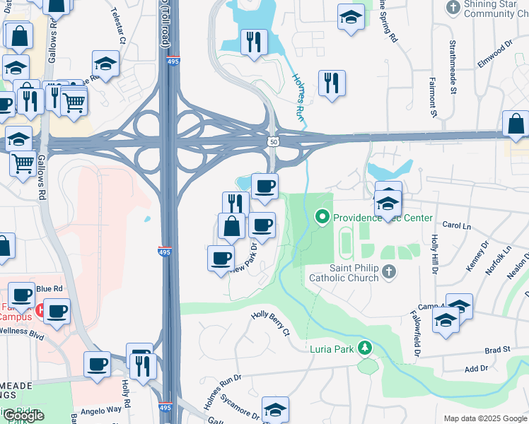 map of restaurants, bars, coffee shops, grocery stores, and more near 3190 Fairview Park Drive in Falls Church