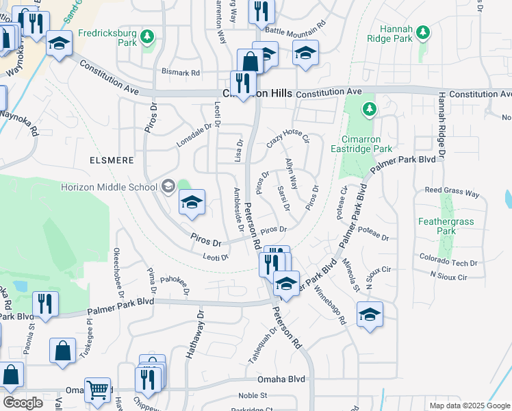 map of restaurants, bars, coffee shops, grocery stores, and more near 6810 Cory Place in Colorado Springs