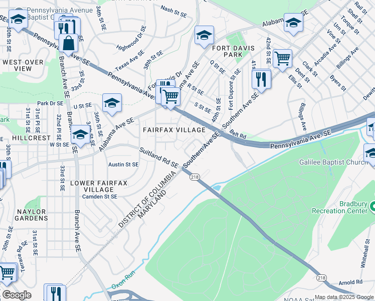 map of restaurants, bars, coffee shops, grocery stores, and more near 2126 Suitland Terrace Southeast in Washington