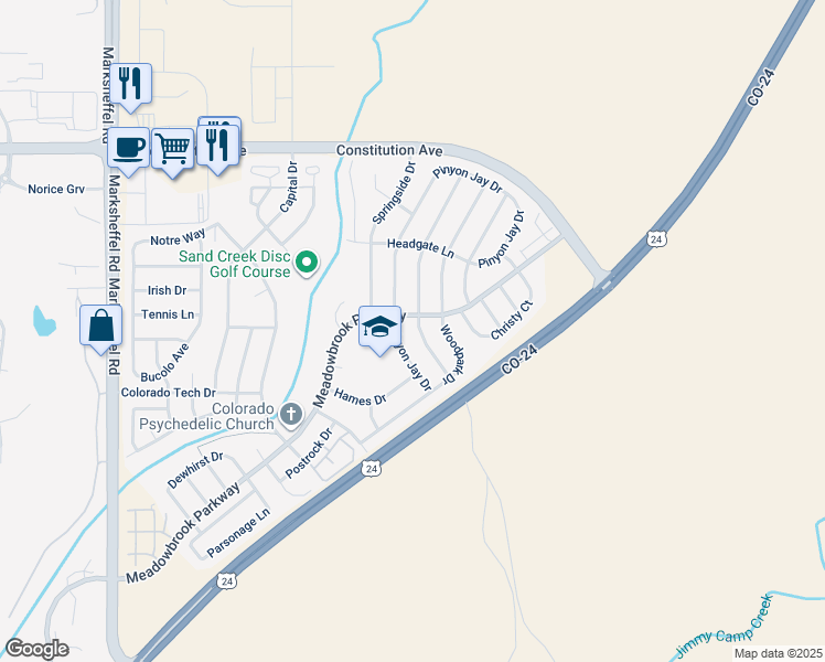 map of restaurants, bars, coffee shops, grocery stores, and more near 1939 Pinyon Jay Drive in Colorado Springs
