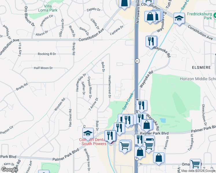 map of restaurants, bars, coffee shops, grocery stores, and more near 2065 Heathercrest Drive in Colorado Springs