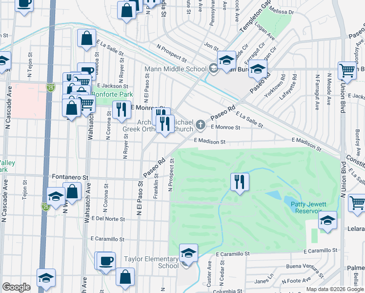 map of restaurants, bars, coffee shops, grocery stores, and more near 2103 Paseo Road in Colorado Springs