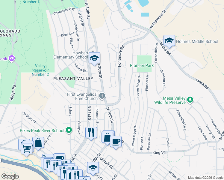 map of restaurants, bars, coffee shops, grocery stores, and more near 2924 Garden Hill Drive in Colorado Springs