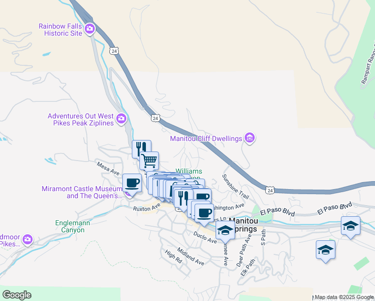 map of restaurants, bars, coffee shops, grocery stores, and more near 33 Dudley Road in Manitou Springs