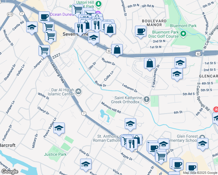 map of restaurants, bars, coffee shops, grocery stores, and more near 6057 Brook Drive in Falls Church