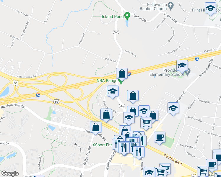 map of restaurants, bars, coffee shops, grocery stores, and more near 3851 Aristotle Court in Fairfax