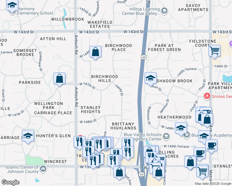 map of restaurants, bars, coffee shops, grocery stores, and more near 8209 West 146th Terrace in Overland Park