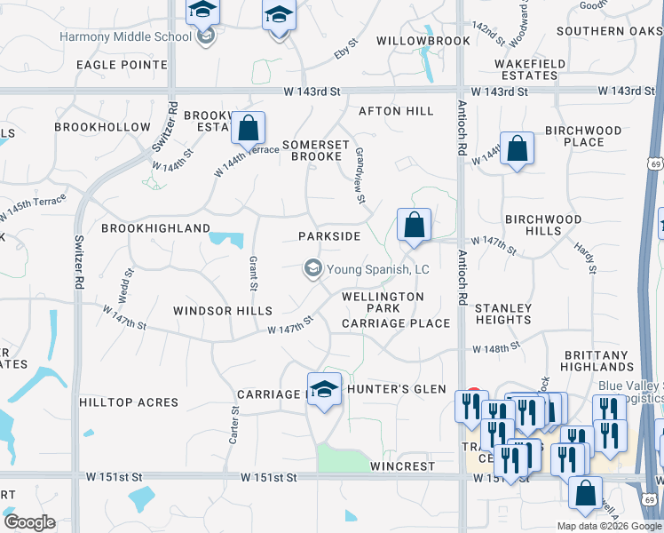 map of restaurants, bars, coffee shops, grocery stores, and more near 14626 Grandview Street in Overland Park