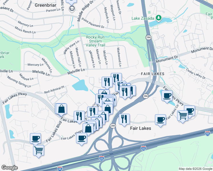 map of restaurants, bars, coffee shops, grocery stores, and more near 12887 Fair Briar Lane in Fairfax