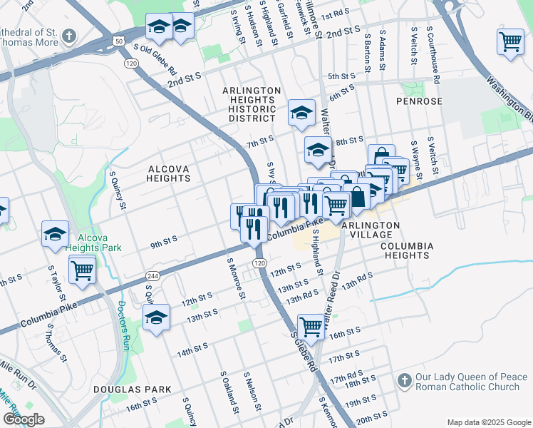 map of restaurants, bars, coffee shops, grocery stores, and more near 3238 9th Street South in Arlington