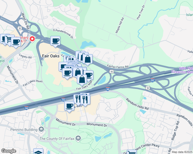 map of restaurants, bars, coffee shops, grocery stores, and more near 11781 Lee Jackson Memorial Highway in Fairfax