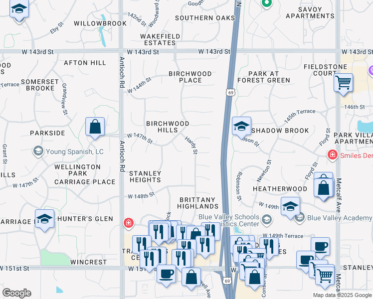 map of restaurants, bars, coffee shops, grocery stores, and more near 8209 West 146th Terrace in Overland Park