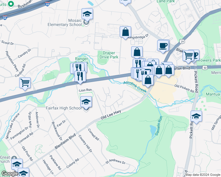 map of restaurants, bars, coffee shops, grocery stores, and more near 3804 Hemlock Way in Fairfax