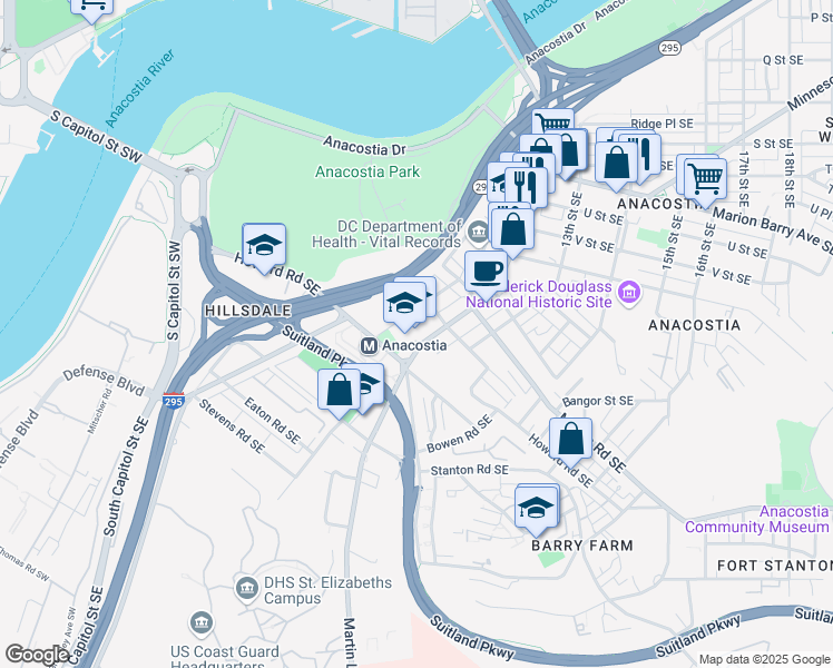 map of restaurants, bars, coffee shops, grocery stores, and more near 2400 Shannon Place Southeast in Washington