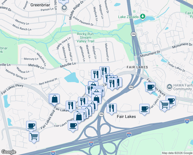 map of restaurants, bars, coffee shops, grocery stores, and more near 12887 Fair Briar Lane in Fairfax