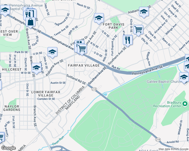 map of restaurants, bars, coffee shops, grocery stores, and more near 3908 Southern Avenue Southeast in Washington