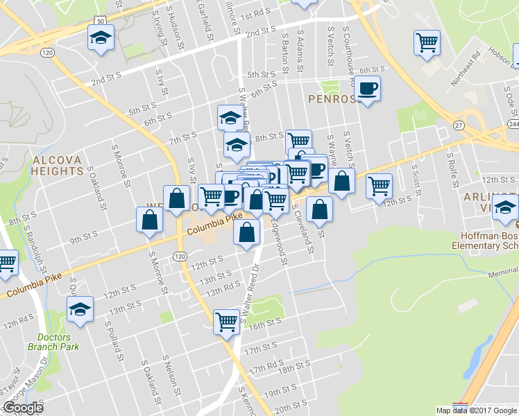 map of restaurants, bars, coffee shops, grocery stores, and more near Columbia Pike & S Walter Reed Dr in Arlington