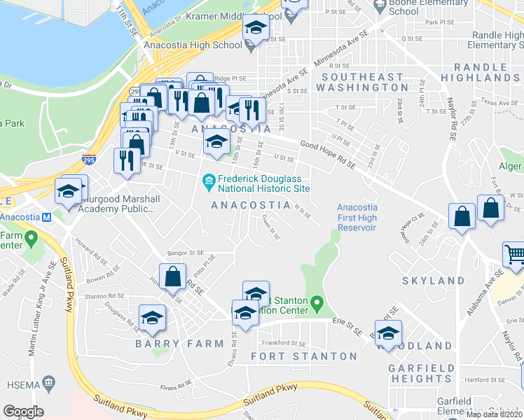 map of restaurants, bars, coffee shops, grocery stores, and more near 2301 Green Street Southeast in Washington