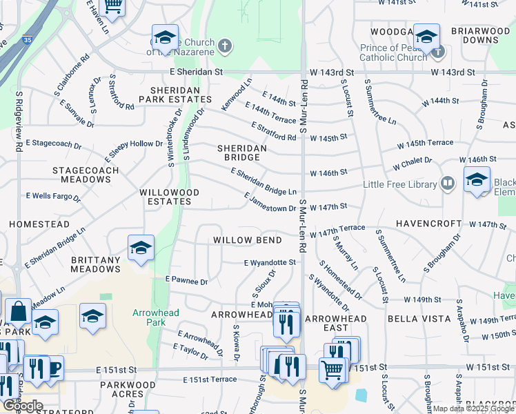 map of restaurants, bars, coffee shops, grocery stores, and more near 2009 East Jamestown Drive in Olathe
