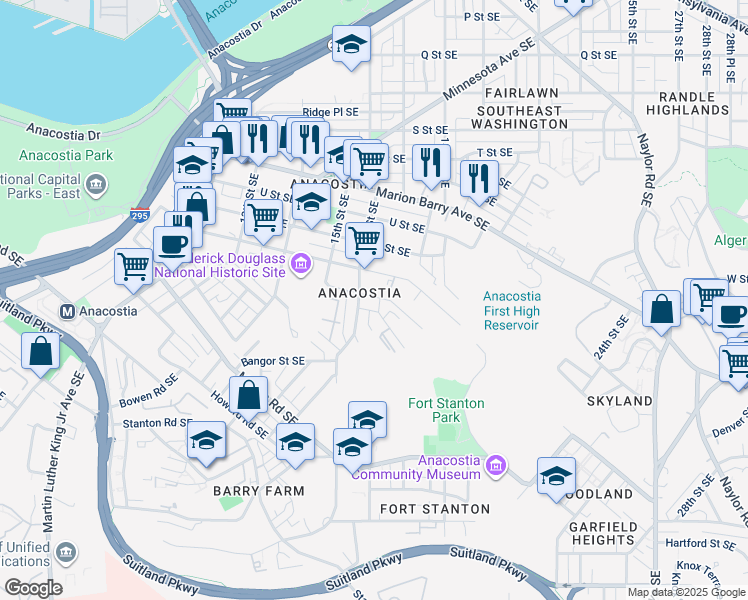 map of restaurants, bars, coffee shops, grocery stores, and more near 2301 Green Street Southeast in Washington