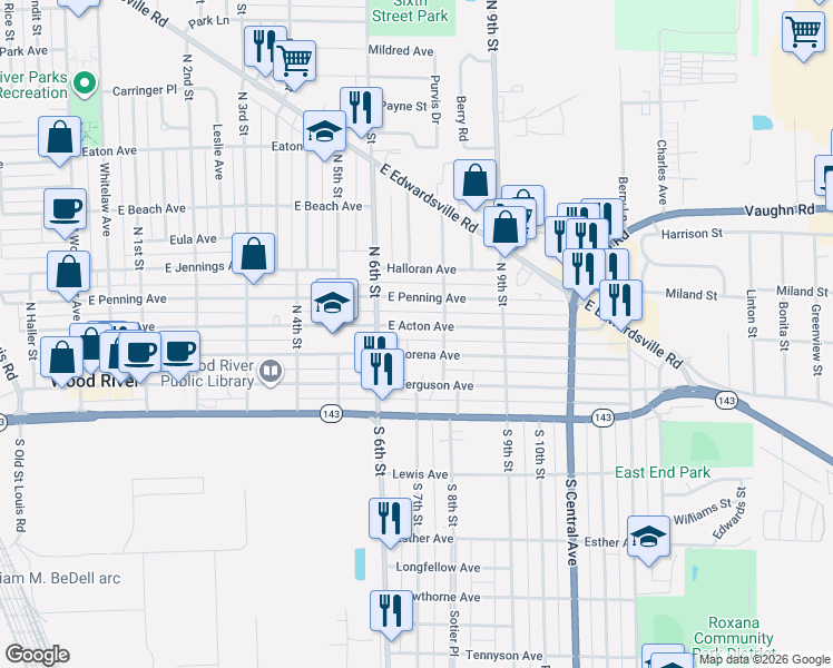 map of restaurants, bars, coffee shops, grocery stores, and more near 637 East Lorena Avenue in Wood River