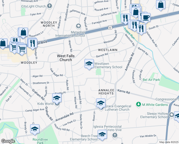 map of restaurants, bars, coffee shops, grocery stores, and more near 3200 Westley Road in Falls Church