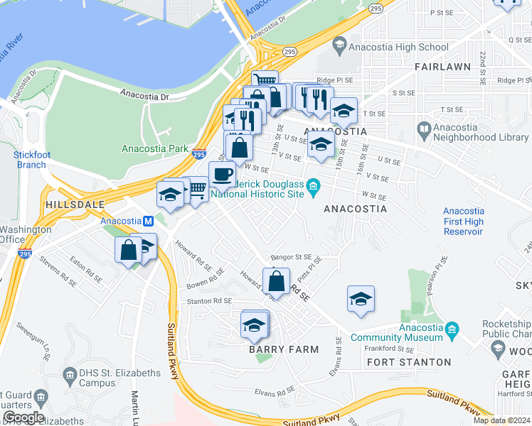 map of restaurants, bars, coffee shops, grocery stores, and more near 2319 Chester Street Southeast in Washington