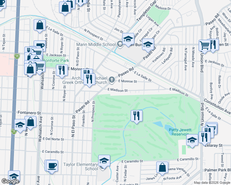 map of restaurants, bars, coffee shops, grocery stores, and more near 1131 East Madison Street in Colorado Springs